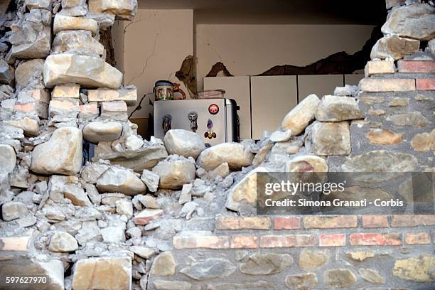 Collapsed buildings in the hamlet of Illica on August 24, 2016 in Accuumoli, Italy. The region in central Italy was struck by a powerful,...