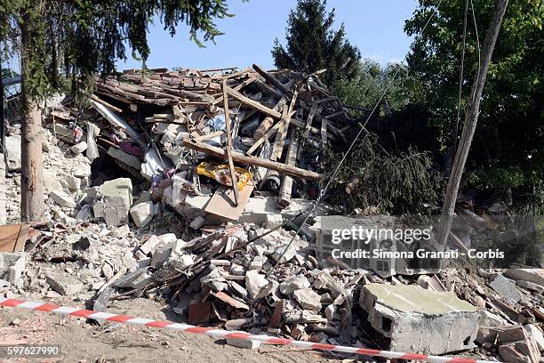 Collapsed buildings in the hamlet of Illica on August 24, 2016 in Accuumoli, Italy. The region in central Italy was struck by a powerful,...