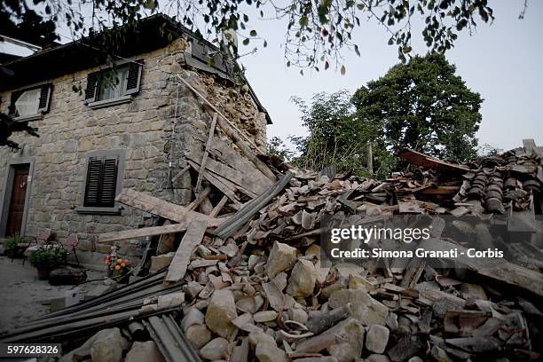 Collapsed buildings in the hamlet of Saletta on August 24, 2016 in Amatrice, Italy. The region in central Italy was struck by a powerful,...