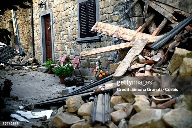 Collapsed buildings in the hamlet of Saletta on August 24, 2016 in Amatrice, Italy. The region in central Italy was struck by a powerful,...
