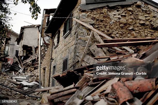 Collapsed buildings in the hamlet of Saletta on August 24, 2016 in Amatrice, Italy. The region in central Italy was struck by a powerful,...
