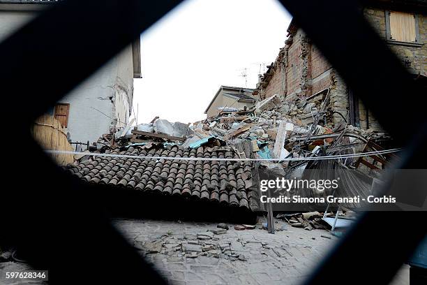 Collapsed buildings in the hamlet of Saletta on August 24, 2016 in Amatrice, Italy. The region in central Italy was struck by a powerful,...