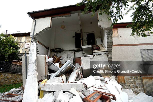 Collapsed buildings in the hamlet of Saletta on August 24, 2016 in Amatrice, Italy. The region in central Italy was struck by a powerful,...