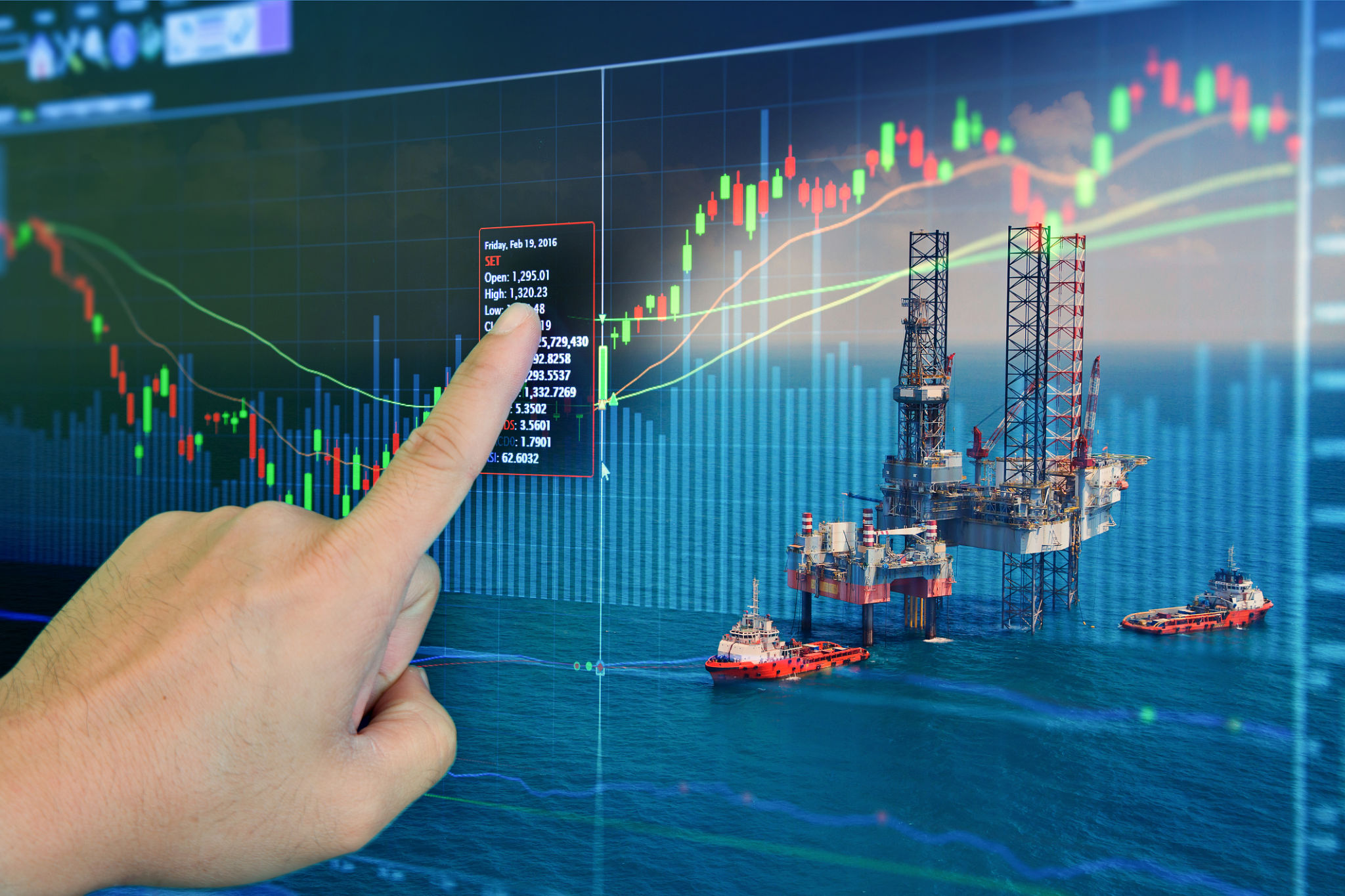 Stock market concept with oil rig in the gulf Stock market concept with oil rig in the gulf