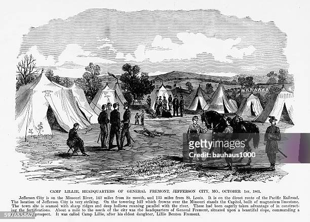 ilustraciones, imágenes clip art, dibujos animados e iconos de stock de camp lillie, jefferson city, missouri, 1861 civil war engraving - jefferson city