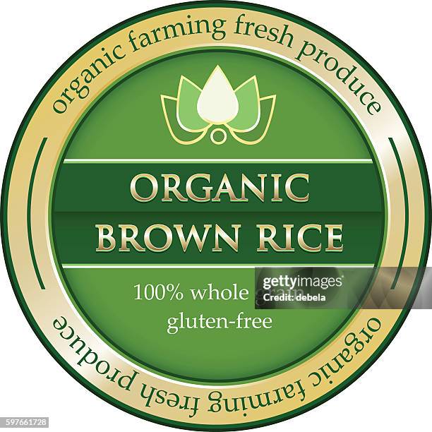 organic brown rice gold label - brown rice stock illustrations