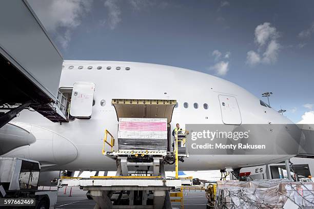 ground crew loading freight into a380 aircraft - cargo pants stock-fotos und bilder