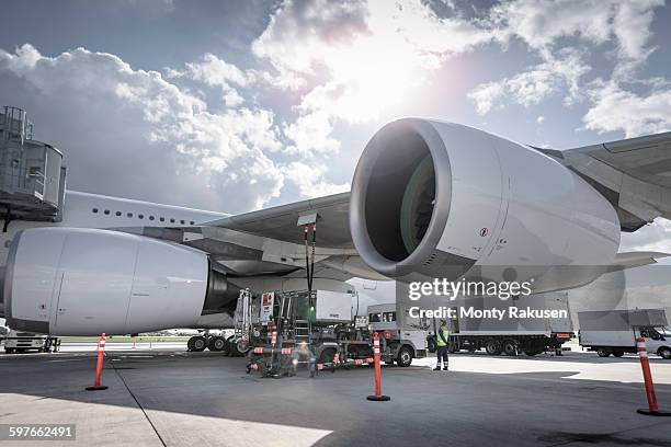 a380 aircraft being refuelled at airport - air vehicle stock pictures, royalty-free photos & images
