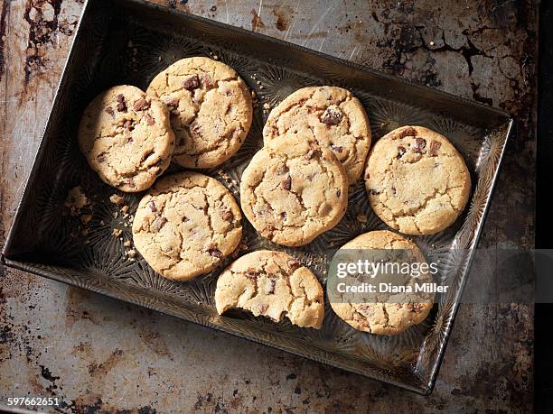 overhead view of chocolate chunk cookies in baking tray - baking sheet fotografías e imágenes de stock