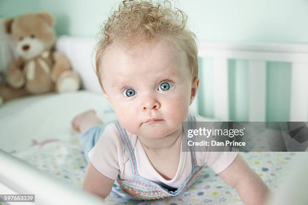 portrait of baby girl lying in cot - houghton le spring stock pictures, royalty-free photos & images