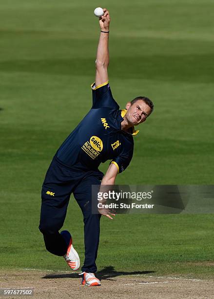 Warwickshire leg spin bowler Josh Poysden in action during the Royal London One-Day Cup semi final between Warwickshire and Somerset at Edgbaston on...