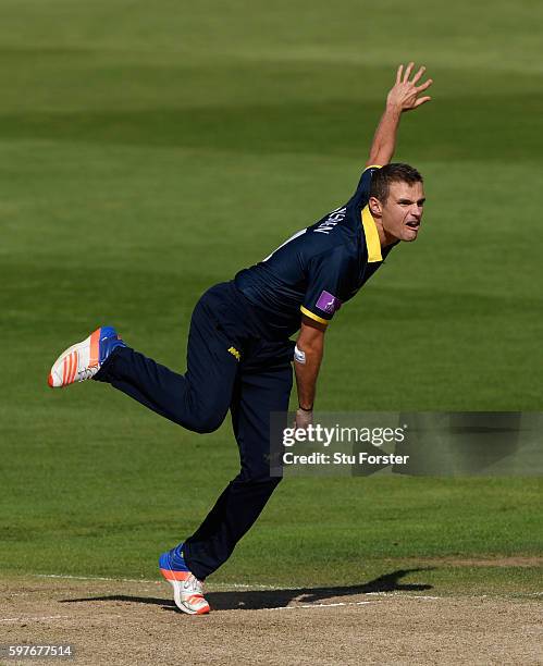 Warwickshire leg spin bowler Josh Poysden in action during the Royal London One-Day Cup semi final between Warwickshire and Somerset at Edgbaston on...