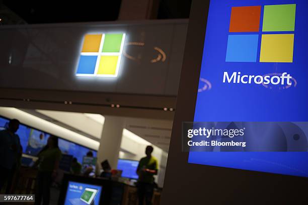 Signage is displayed outside a Microsoft Corp. Store at the Easton Town Center shopping mall in Columbus, Ohio, U.S., on Tuesday, Aug. 23, 2016. The...