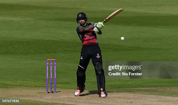 Somerset batsman Peter Trego hits out during the Royal London One-Day Cup semi final between Warwickshire and Somerset at Edgbaston on August 29,...