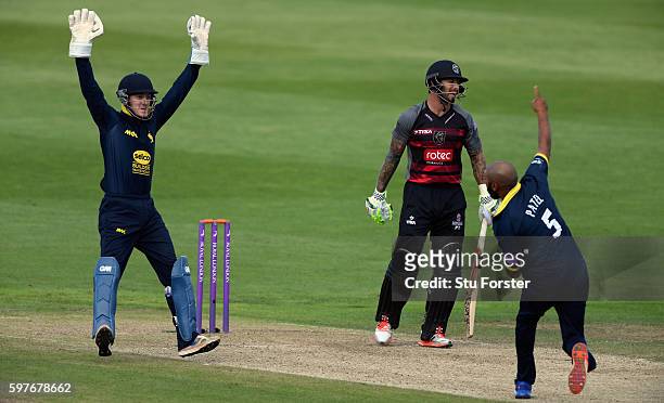 Warwickshire substitute wicketkeeper Alex Mellor and bowler Jeetan Patel celebrate after Patel had taken the wicket of Somerset batsman Peter Trego...