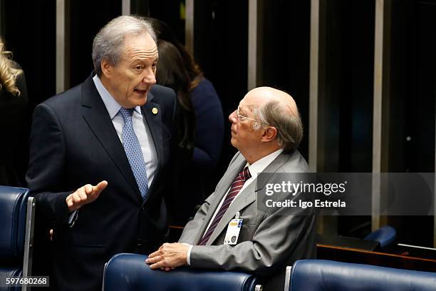 Brazilian judge and the current president of the Supreme Federal Court of Brazil Enrique Ricardo Lewandowski speaks with jurist Miguel Reale Junior...