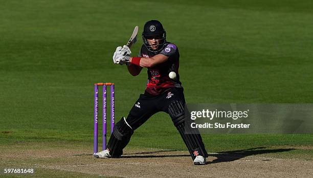 Somerset batsman Ryan Davies hits out during the Royal London One-Day Cup semi final between Warwickshire and Somerset at Edgbaston on August 29,...