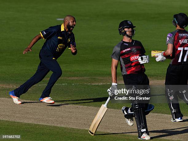 Warwickshire bowler Jeetan Patel celebrates after dismissing Somerset batsman Davies during the Royal London One-Day Cup semi final between...