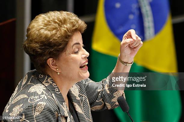 Suspended Brazilian President Dilma Rousseff testifies on the Senate floor during her impeachment trial on August 29, 2016 in Brasilia, Brasil....