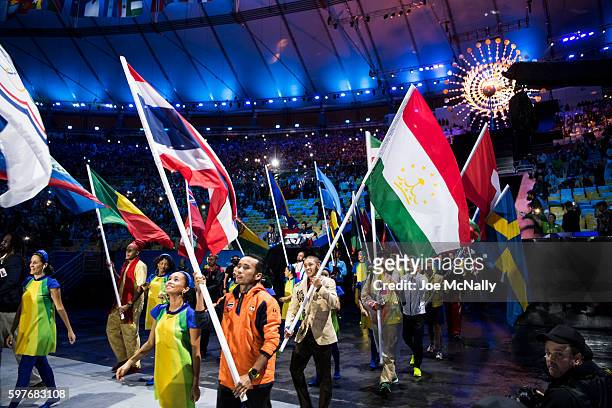 Summer Olympics: View of flag bearers from various countries during Parade of Athletes at Maracana Stadium. Rio de Janeiro, Brazil 8/21/2016 CREDIT:...