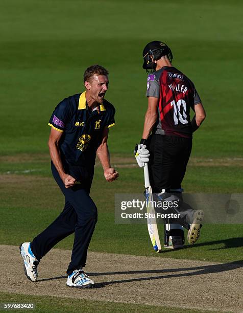 Warwickshire bowler Oliver Hannon-Dalby celebrates victory as Somerset fail to score the required runs in the last over bowled by Hannon-Dalby during...