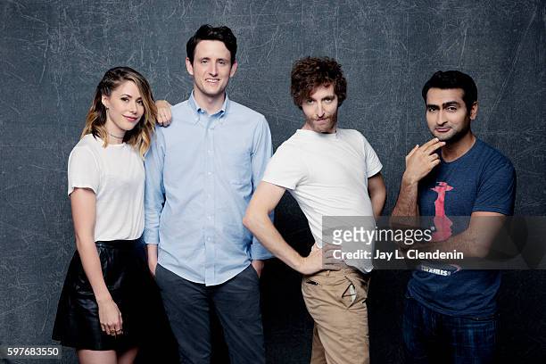 Actors Amanda Crew, Zach Woods, Thomas Middleditch, and Kumail Nanjiani of 'Silicon Valley' are photographed for Los Angeles Times at San Diego Comic...