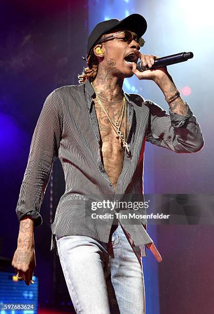 Wiz Khalifa performs during "The High Road Summer Tour" at Concord Pavilion on August 28, 2016 in Concord, California.