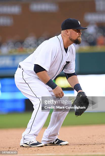 Casey McGehee of the Detroit Tigers fields during the game against the Kansas City Royals at Comerica Park on August 15, 2016 in Detroit, Michigan....