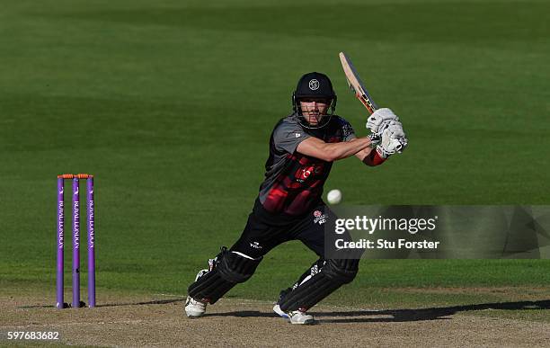 Somerset batsman Ryan Davies hits out during the Royal London One-Day Cup semi final between Warwickshire and Somerset at Edgbaston on August 29,...