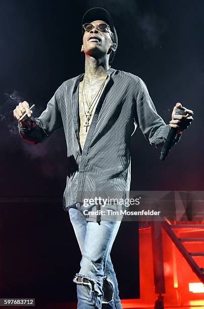 Wiz Khalifa performs during "The High Road Summer Tour" at Concord Pavilion on August 28, 2016 in Concord, California.