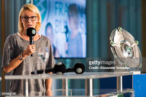Saskia Bartusiak of FFC Frankfurt attends the Allianz Frauen Bundesliga season opening press conference at DFB Headquarter on August 29, 2016 in...