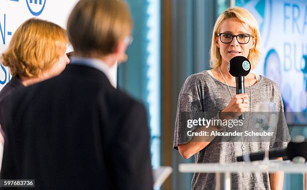 Saskia Bartusiak of FFC Frankfurt attends the Allianz Frauen Bundesliga season opening press conference at DFB Headquarter on August 29, 2016 in...