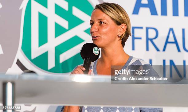 Head coach Inka Grings of MSV Duisburg attends the Allianz Frauen Bundesliga season opening press conference at DFB Headquarter on August 29, 2016 in...