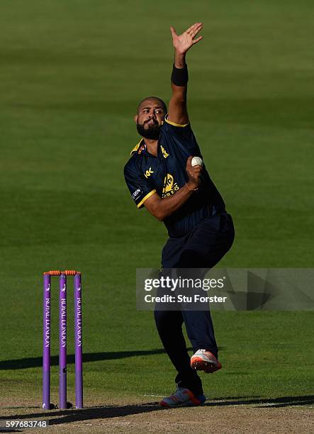 Warwickshire bowler Jeetan Patel in action during the Royal London One-Day Cup semi final between Warwickshire and Somerset at Edgbaston on August...