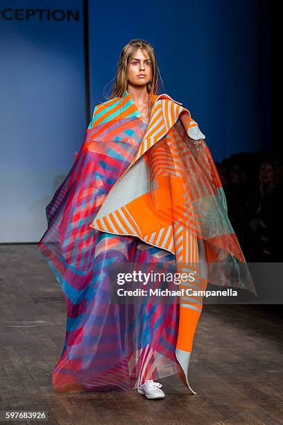 Model walks the runway during the Swedish School of Textiles show on the first day of Stockholm Fashion Week on August 29, 2016 in Stockholm, Sweden.