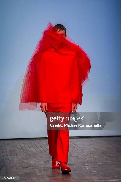 Model walks the runway during the Swedish School of Textiles show on the first day of Stockholm Fashion Week on August 29, 2016 in Stockholm, Sweden.