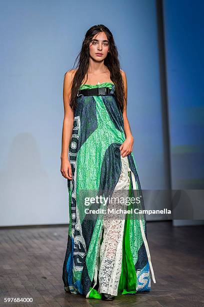 Model walks the runway during the Swedish School of Textiles show on the first day of Stockholm Fashion Week on August 29, 2016 in Stockholm, Sweden.