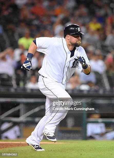 Casey McGehee of the Detroit Tigers runs to first base during the game against the Kansas City Royals at Comerica Park on August 15, 2016 in Detroit,...