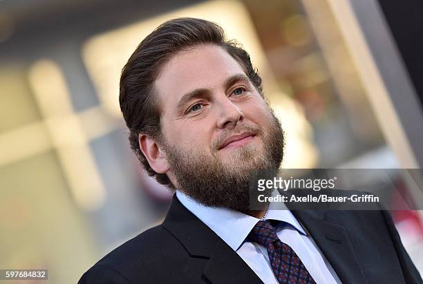 Actor Jonah Hill arrives at the premiere of Warner Bros. Pictures' 'War Dogs' at TCL Chinese Theatre on August 15, 2016 in Hollywood, California.