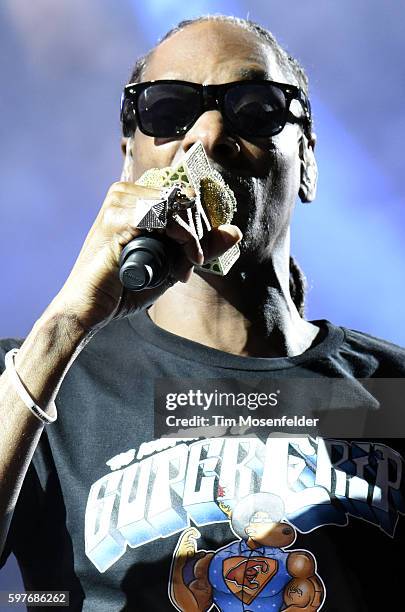 Snoop Dogg performs during "The High Road Summer Tour" at Concord Pavilion on August 28, 2016 in Concord, California.