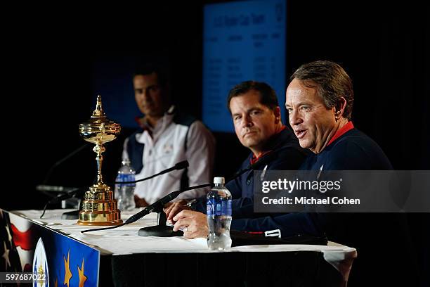 United States Ryder Cup Captain Davis Love III speaks as Derek Sprague, President, PGA of America and Julius Mason, Senior Director, Public Awareness...