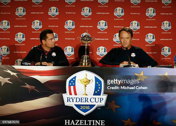 United States Ryder Cup Captain Davis Love III speaks as Derek Sprague, President, PGA of America looks on during a press conference for Ryder Cup...