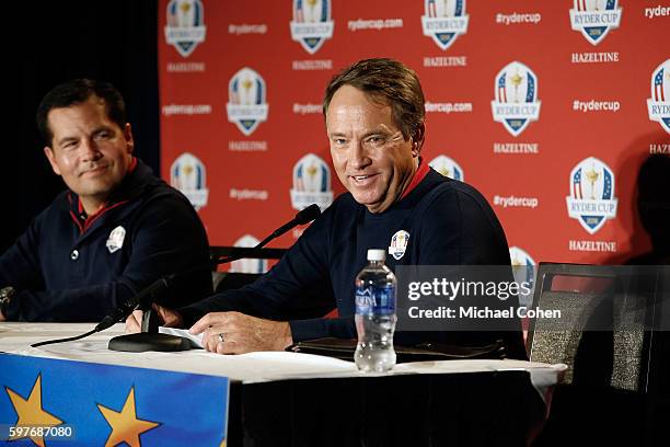 United States Ryder Cup Captain Davis Love III speaks as Derek Sprague, President, PGA of America looks on during a press conference for Ryder Cup...