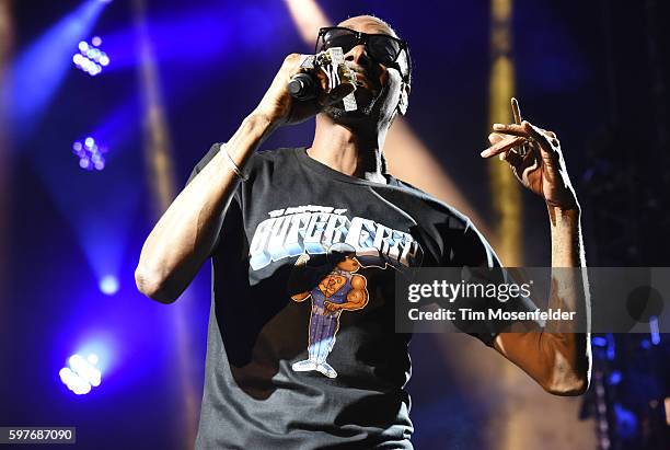 Snoop Dogg performs during "The High Road Summer Tour" at Concord Pavilion on August 28, 2016 in Concord, California.
