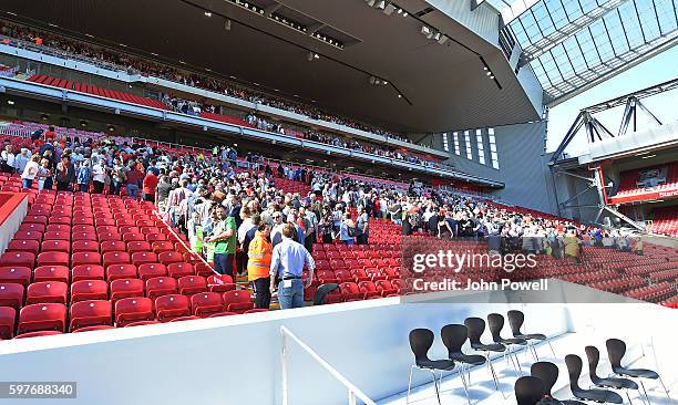 Fans of Liverpool at the main stand test event at Anfield on August 29, 2016 in Liverpool, England.