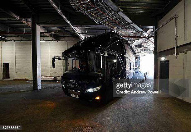 Coach arrives at the main stand test event at Anfield on August 29, 2016 in Liverpool, England.