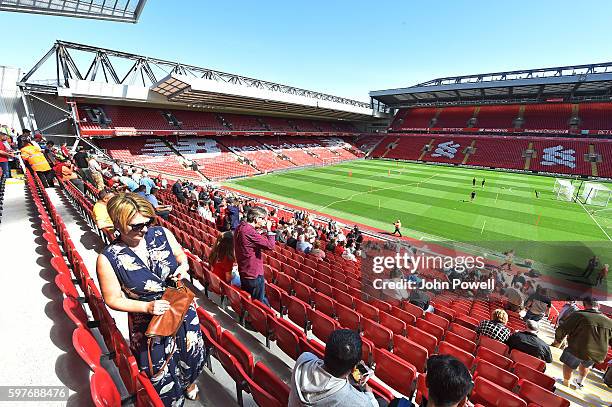 Fans of Liverpool at the main stand test event at Anfield on August 29, 2016 in Liverpool, England.