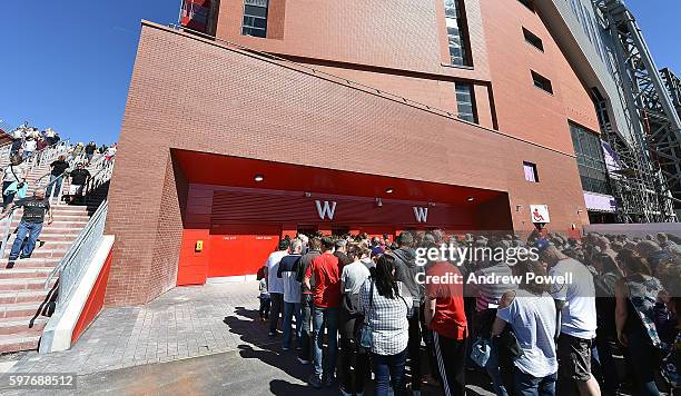 Fans of Liverpool at the main stand test event at Anfield on August 29, 2016 in Liverpool, England.