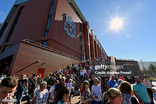 Fans of Liverpool at the main stand test event at Anfield on August 29, 2016 in Liverpool, England.