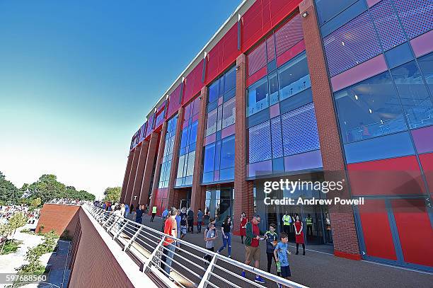 Fans of Liverpool at the main stand test event at Anfield on August 29, 2016 in Liverpool, England.